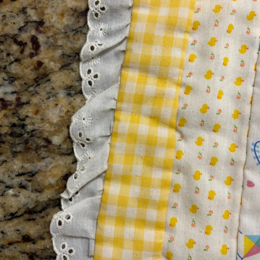 Vintage Handmade Baby Quilt Pastel Gingham Bunny Log Cabin Eyelet Trim 44x45